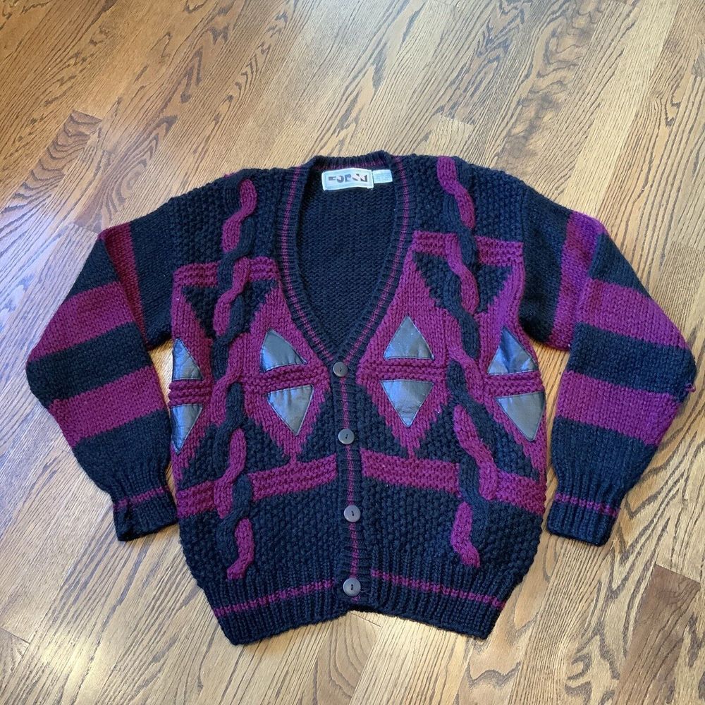 VTG 80s 90s Chunky Knit‎ Grandpa Sweater Sz L Cardigan Leather Trim Geometric